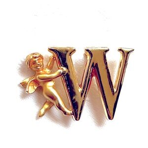 L. Razza Angel Initial W Brooch Gold Tone Cherub Signed Pin